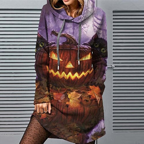 

Women's Hoodie Dress Shift Dress Purple Long Sleeve Pumpkin Pocket Print Winter Fall Hooded Vacation Casual Halloween Fall Dress Loose Fit 2022 S M L XL XXL 3XL / Cotton / Winter Dress