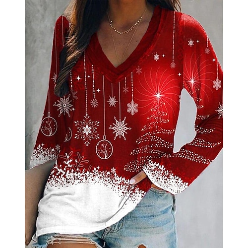 

Women's Shirt Red Snowflake Print Long Sleeve Party Christmas Basic V Neck Long S