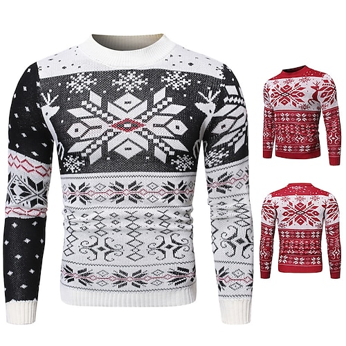 

Men's Ugly Christmas Sweater Pullover Sweater Jumper Ribbed Knit Cropped Knitted Snowflake Turtleneck Keep Warm Modern Contemporary Christmas Daily Wear Clothing Apparel Spring & Fall Red White S M L