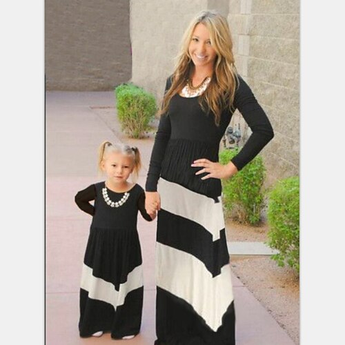 

Mommy and Me Dresses Stripe Outdoor Black Long Sleeve Maxi Basic Matching Outfits