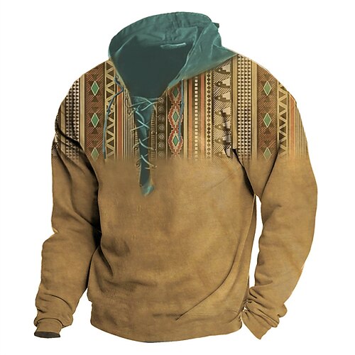 

Men's Sweatshirt Pullover Khaki Standing Collar Geometric Graphic Prints Lace up Sports Outdoor Casual Daily 3D Print Basic Boho Designer Spring Fall Clothing Apparel Hoodies Sweatshirts Long