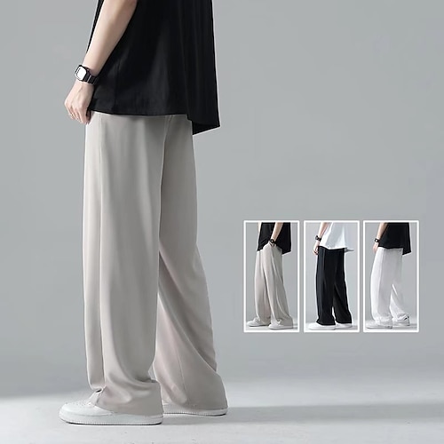

Men's Trousers Casual Pants Pocket Elastic Waist Wide Leg Solid Color Comfort Breathable Full Length Daily Going out Streetwear Fashion Chic & Modern Grey White Micro-elastic