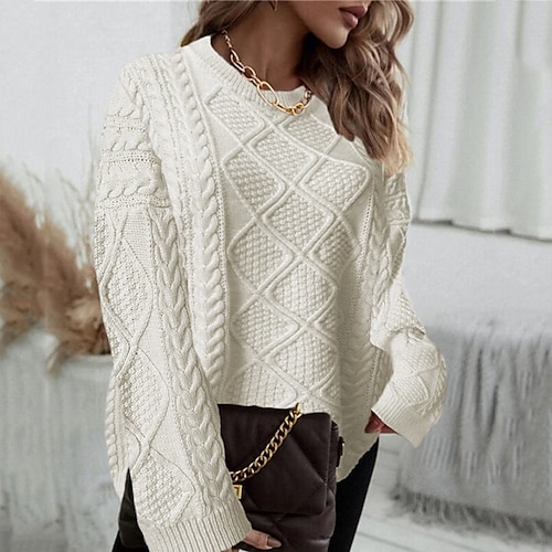 

Women's Pullover Sweater jumper Jumper Cable Knit Knitted Pure Color Crew Neck Stylish Casual Outdoor Daily Winter Fall Pink Beige S M L / Long Sleeve / Holiday / Regular Fit / Going out