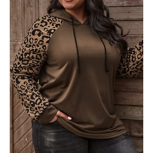 

Women's Streetwear Casual Print Black Brown Graphic Color Block Daily Hooded Plus Size Long Sleeve