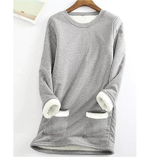 

Women's Sweatshirt Pullover Sherpa Fleece Teddy Pocket Black Blue Dark Grey Solid Color Plain Home Round Neck Long Sleeve Fleece S M L XL 2XL 3XL / Fleece lined