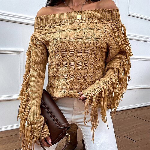 

Women's Pullover Sweater jumper Jumper Cable Knit Tassel Knitted Pure Color Off Shoulder Stylish Casual Outdoor Holiday Fall Winter Khaki Red S M L / Long Sleeve