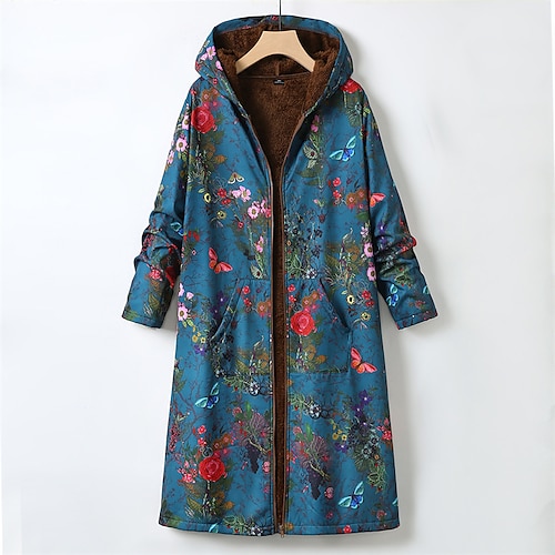 

Women's Plus Size Winter Jacket Fleece Jacket Pocket Zip Up Floral Spider Outdoor Causal Long Sleeve Hooded Long Winter Fall Blue L XL XXL 3XL 4XL