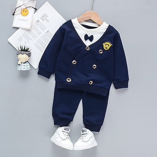 

2 Pieces Kids Boys Hoodie & Pants Clothing Set Outfit Solid Color Long Sleeve Cotton Set Vacation Fashion Casual Winter Fall 1-5 Years Navy Blue Gray