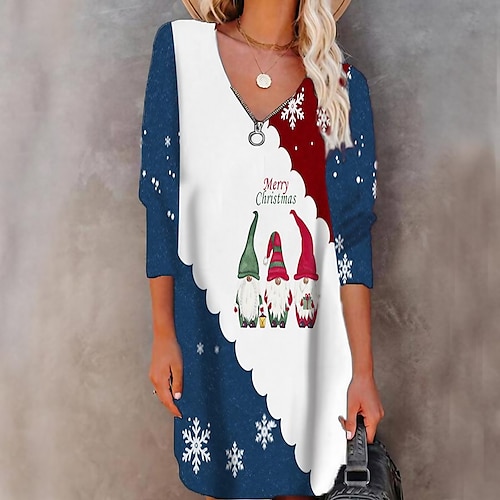 

Vestido casual de Navidad para mujer, mini vestido negro, azul, rojo, manga 3/4 de largo, estampado de copos de nieve de Papá Noel, estampado de copos de nieve para primavera y verano, cuello en V,