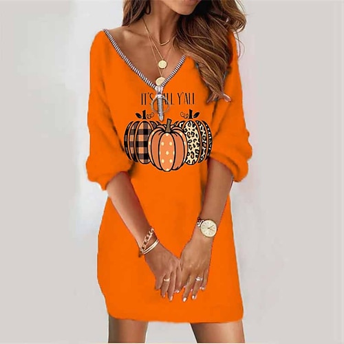 

Women's Sweatshirt Dress Shift Dress Short Mini Dress Yellow Orange Long Sleeve Letter Pumpkin Zipper Print Fall Winter V Neck Vacation Casual Halloween 2022 S M L XL XXL 3XL