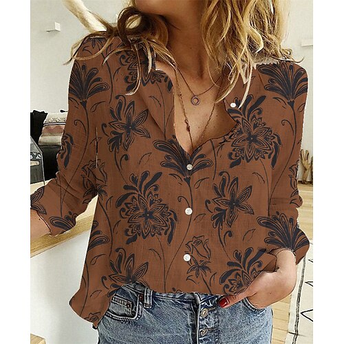 

Women's Blouse Shirt Pink Khaki Orange Floral Button Print Long Sleeve Casual Streetwear Shirt Collar Regular Floral S