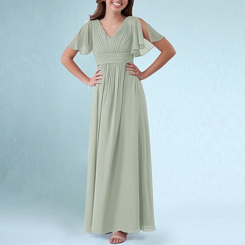 

A-Line Floor Length V Neck Chiffon Junior Bridesmaid Dresses&Gowns With Ruffles Wedding Party Dresses 4-16 Year
