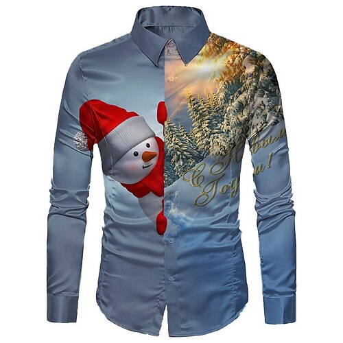 

Men's Shirt Snowman Turndown Blue Silver Light Blue 3D Print Outdoor Christmas Long Sleeve Button-Down Print Clothing Apparel Fashion Designer Casual Breathable