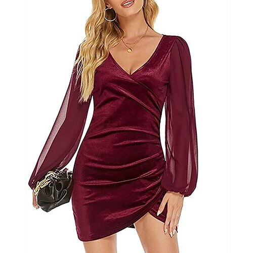 

Women's Party Dress Bodycon Sheath Dress Black Blue Red Long Sleeve Pure Color Ruched Winter Fall Autumn V Neck Party Winter Dress Fall Dress Slim 2022 S M L XL