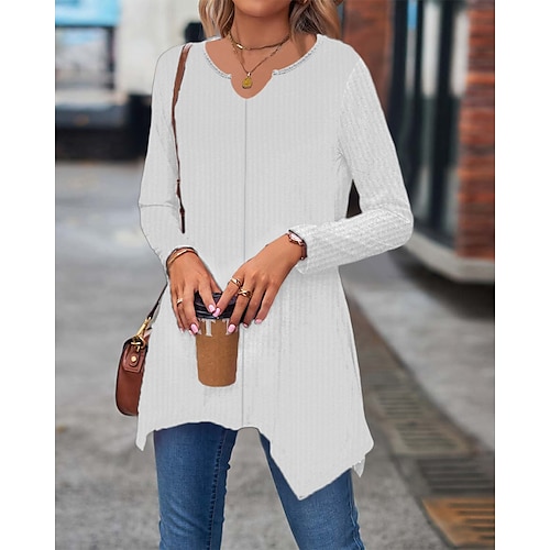 

Women's Shirt Blue Pink Yellow Plain Asymmetric Long Sleeve Casual Streetwear Ethnic V Neck Long S