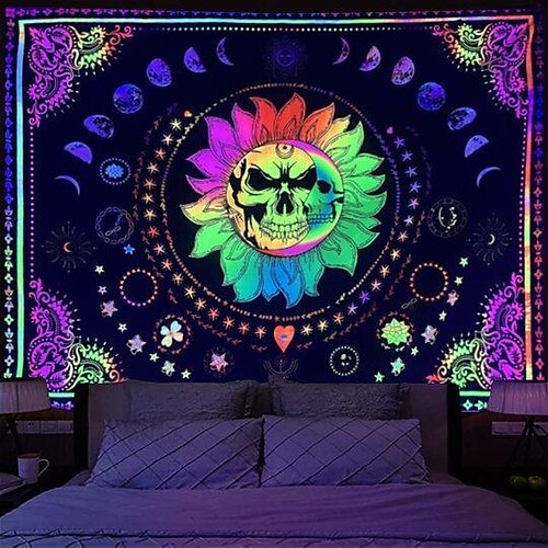 

Blacklight UV Reactivae Wall Tapestry Tarot Skull Art Decor Blanket Curtain Picnic Tablecloth Hanging Home Bedroom Living Room Dorm Decoration Polyester