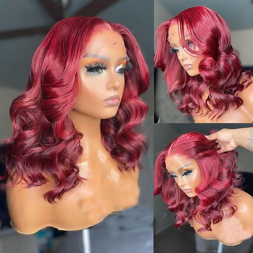 

Unprocessed Virgin Hair 13x4 Lace Front Wig Short Bob Peruvian Hair Wavy Red Wig 130% 150% Density with Baby Hair Natural Hairline 100% Virgin With Bleached Knots Pre-Plucked For Women Short Human