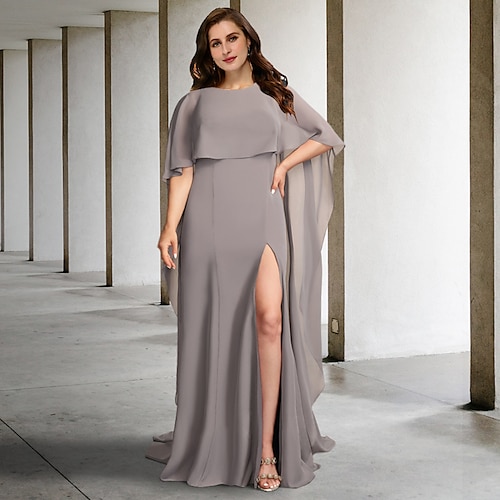

A-Line Plus Size Curve Mother of the Bride Dresses Elegant Dress Formal Sweep / Brush Train Sleeveless Jewel Neck Chiffon with Slit 2022