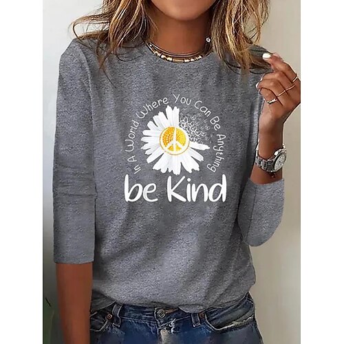 

Women's T shirt Tee Blue Gray Black Daisy Text Print Long Sleeve Daily Weekend Basic Round Neck Regular Floral Painting S