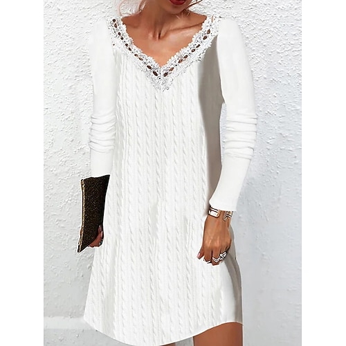 

Women's Sweater Dress Sheath Dress Knit Dress White Long Sleeve Pure Color Embroidered Winter Fall Autumn V Neck Modern Weekend 2022 S M L XL XXL 3XL