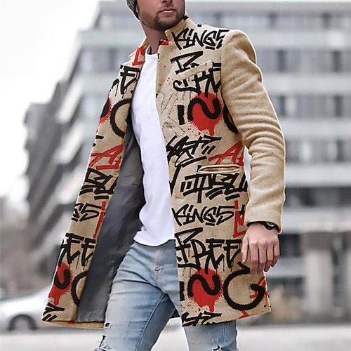 

Men's Coat With Pockets Daily Wear Vacation Going out Single Breasted Turndown Streetwear Sport Casual Jacket Outerwear Letter Front Pocket Button-Down Print khaki / Long Sleeve