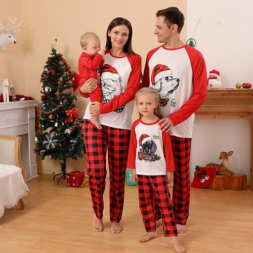 

Christmas Pajamas Family Set Ugly Plaid Dog Home White Long Sleeve Mom Dad and Me Daily Matching Outfits