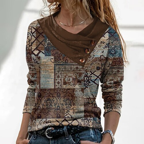 

Women's Blouse Shirt Brown Graphic Button Print Long Sleeve Casual Basic V Neck Regular S