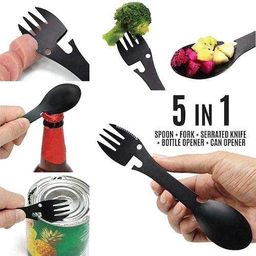 

Outdoor Survival Tools 5 in 1 Camping Multi-functional EDC Kit Camping Eating Utensils Practical Fork Knife Spoon Bottle/Can Opener