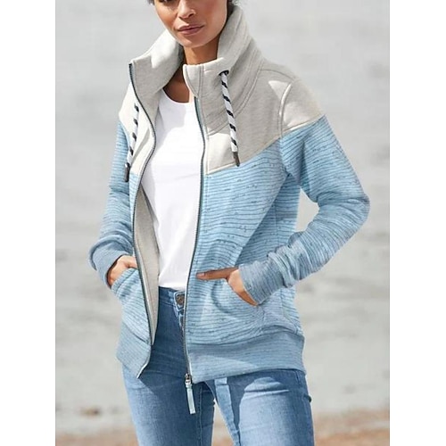 

Women's Zip Hoodie Sweatshirt Basic Zip Up Front Pocket Blue Color Block Street V Neck Long Sleeve Cotton S M L XL XXL