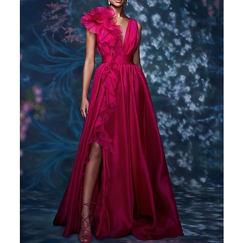 

A-Line Evening Gown Celebrity Style Dress Formal Floor Length Sleeveless V Neck Barbiecore Chiffon with Slit Pure Color 2023