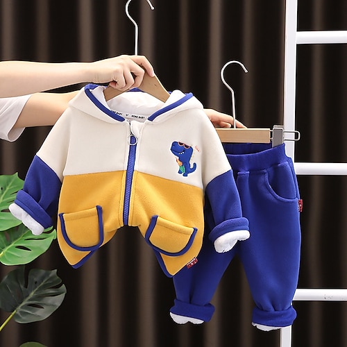 

2 Pieces Kids Boys Tracksuits Outfit Solid Color Animal Cartoon Long Sleeve Set Daily Winter Fall 3-7 Years Blue Yellow