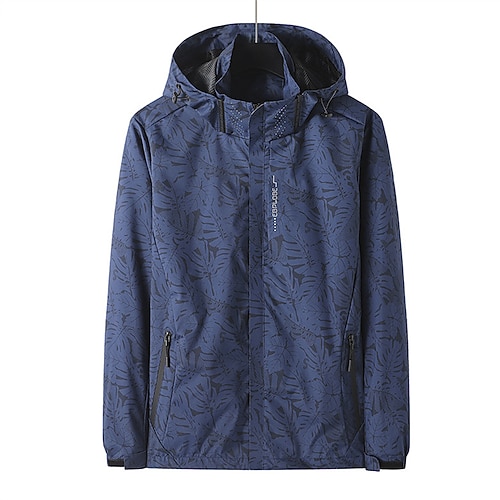 

Men's Jacket Rain Jacket Windbreaker Outdoor Casual / Daily Daily Wear Vacation Going out Zipper Hooded Comfort Leisure Jacket Outerwear Leaf Zipper Pocket Print Black Dark Blue Red