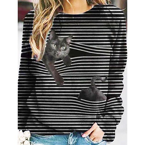 

Women's Shirt Light Blue Purple Yellow Cat Striped Print Long Sleeve Casual Basic Round Neck Regular 3D Cat S