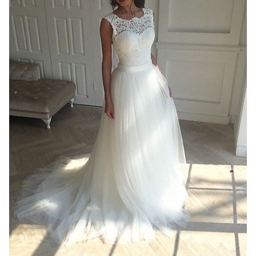 

A-Line Wedding Dresses Jewel Neck Court Train Lace Tulle Sleeveless Romantic Sexy with Appliques 2022