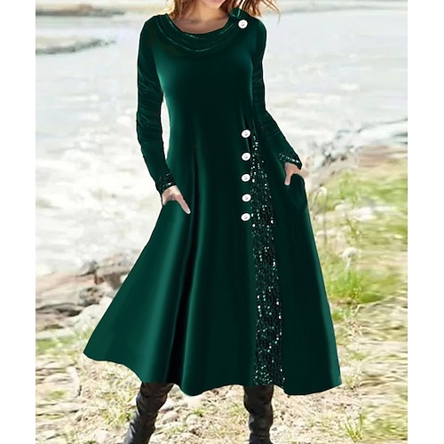 

Women's Velvet Dress Sequin Dress Midi Dress Green Long Sleeve Pure Color Ruched Button Velvet Fall Winter Crew Neck Stylish Modern 2022 S M L XL XXL