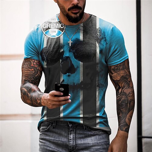 

Men's T shirt Tee Skull Striped Graphic Prints Crew Neck Blue 3D Print World Cup Outdoor Street Short Sleeve Print Clothing Apparel Sports Designer Casual / Summer / Summer