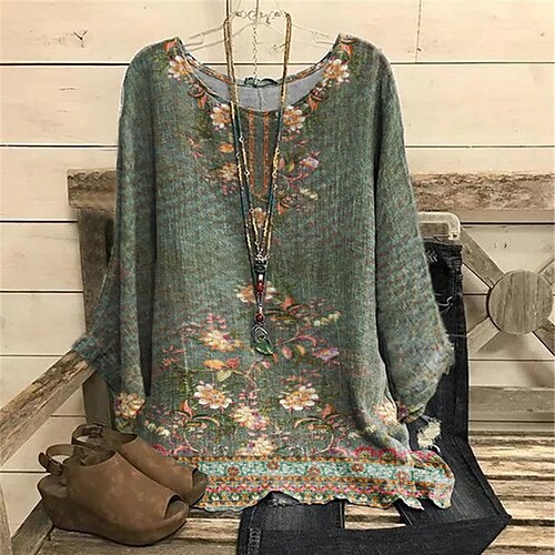 

Women's Plus Size Tops Blouse Shirt Floral Print Long Sleeve Crewneck Casual Daily Vacation Polyester Winter Fall Green Pink