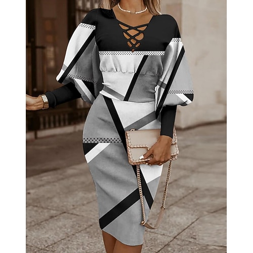 

Women's Work Dress Bodycon Midi Dress Gray Long Sleeve Color Block Patchwork Winter Fall Autumn V Neck Modern Weekend 2022 S M L XL XXL