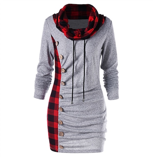 

Mini robe Femme Robe casual manche longue Hiver Automne - mode Casual Patchwork Bouton Plaid Col Roulé Fin de semaine robe automne 2023 Noir Gris S M L XL 2XL 3XL 4XL