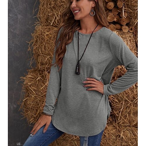 

Women's T shirt Tee claret Blue Dark Grey Plain Long Sleeve Daily Weekend Basic Round Neck Regular S