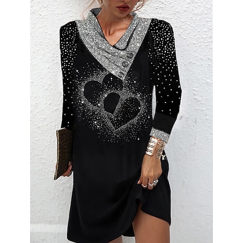 

Women's Shift Dress Short Mini Dress Short Mini Dress Black Long Sleeve Heart Sequins Ruched Button Fall Winter V Neck Stylish Modern 2022 S M L XL XXL 3XL