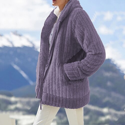 

Women's Fleece Jacket Sherpa Fleece Teddy Zip Up Lavender Purple Green Black Solid Color Street V Neck Long Sleeve S M L XL 2XL 3XL