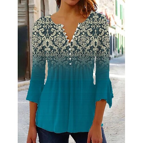 

Women's Shirt Blue Graphic Button Print 3/4 Length Sleeve Casual Basic Round Neck Regular S