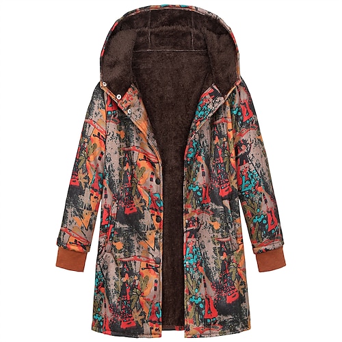 

Women's Plus Size Parka Pocket Print Graphic Floral Outdoor Causal Long Sleeve Hooded Long Winter Fall Blue Orange L XL XXL 3XL 4XL