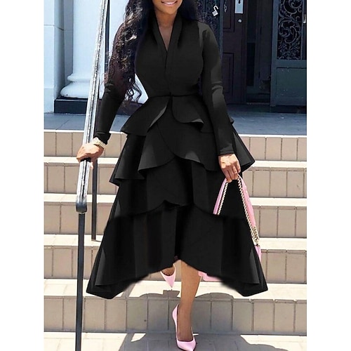 

Women's Party Dress Swing Dress Midi Dress Black Long Sleeve Pure Color Layered Winter Fall V Neck Party Stylish Elegant Party Fall Dress 2022 S M L XL 2XL 3XL 4XL 5XL / Winter Dress / Black Dress