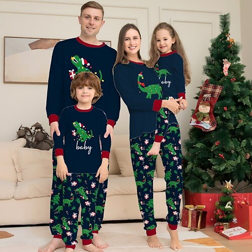 

Christmas Pajamas Family Set Ugly Letter Dinosaur Home Navy Blue Long Sleeve Mom Dad and Me Daily Matching Outfits