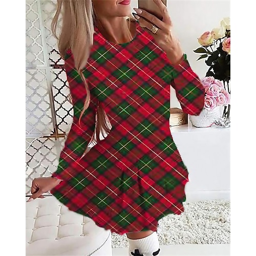 

Women's Christmas Tartan Dress Swing Dress Short Mini Dress Light Yellow Dark Blue Red Gray Black Long Sleeve Plaid Elk Snowflake Pleated Print Fall Winter Crew Neck Stylish Romantic 2022 S M L