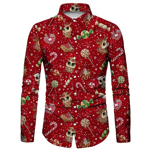 

Men's Shirt Graphic Prints Turndown Red 3D Print Christmas Street Long Sleeve Button-Down Print Clothing Apparel Fashion Designer Casual Breathable