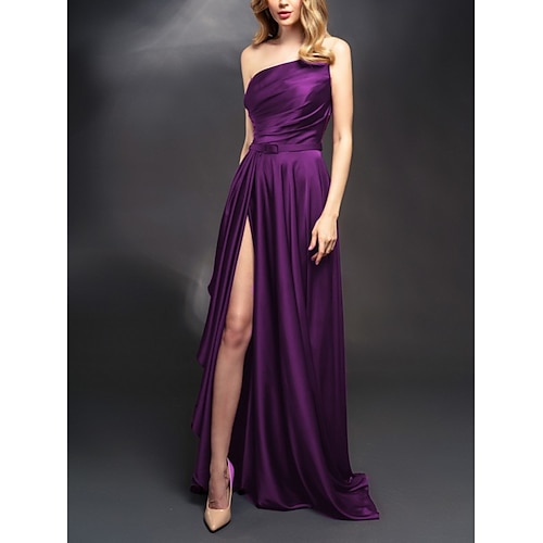 

Women's Party Dress Satin Dress Shift Dress Long Dress Maxi Dress Lake blue Purple Fuchsia Sleeveless Pure Color Ruched Winter Fall Autumn One Shoulder Party Evening Party 2022 S M L XL