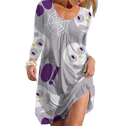 

Women's Casual Dress Shift Dress Purple Pink Yellow Dark Blue Rainbow Gray Long Sleeve Print Patchwork Winter Fall Crew Neck Casual Modern Fall Dress Loose Fit 2022 S M L XL 2XL 3XL 4XL / Halloween